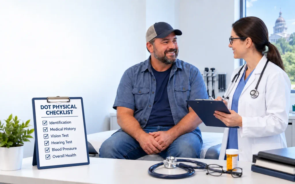 Commercial driver reviewing a DOT physical exam checklist with a healthcare provider at Empowering Your Wellness LLC in Tallahassee, Florida.
