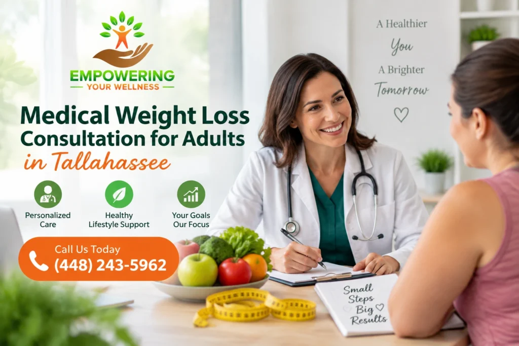 Empowering Your Wellness medical weight loss consultation for adults in Tallahassee with a healthcare provider speaking to a patient