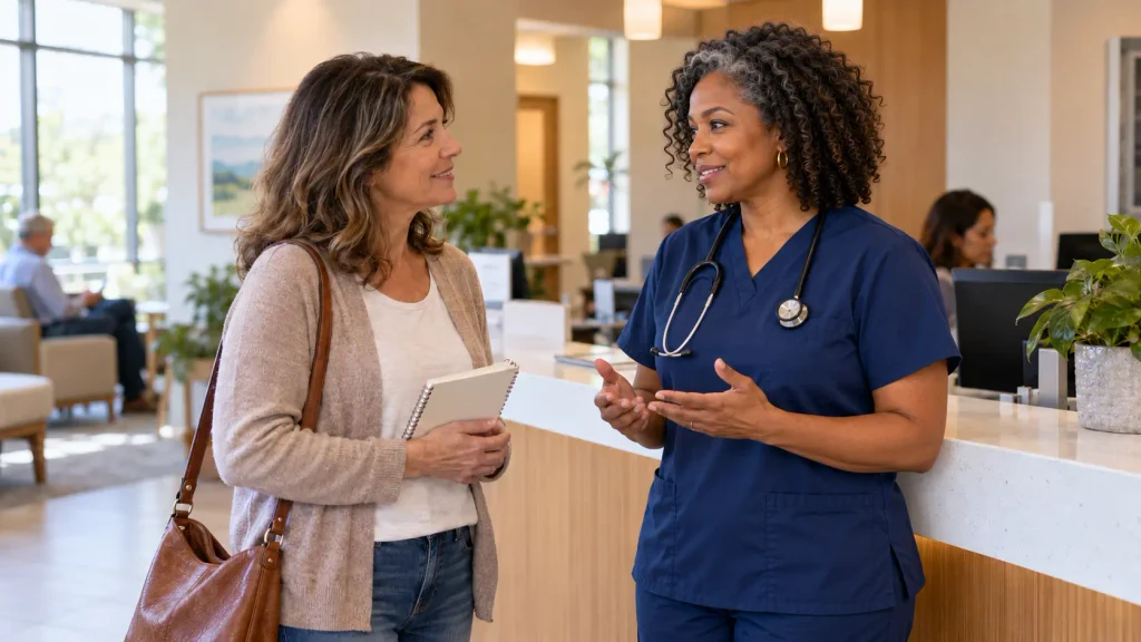 Nurse practitioner discussing care options with an adult patient, created for Empowering Your Wellness.