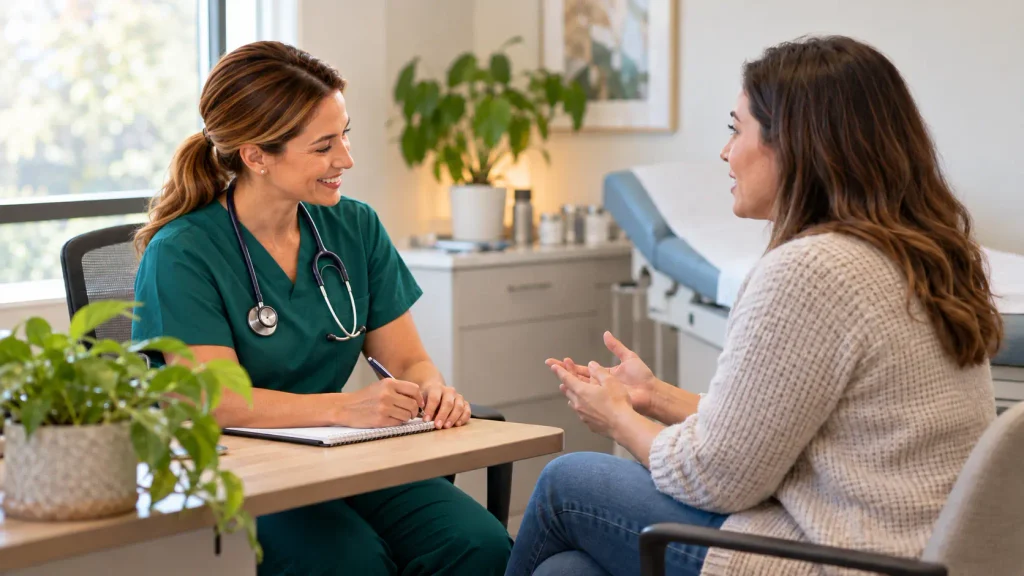 A healthcare provider listening to a patient during an in-person consultation.