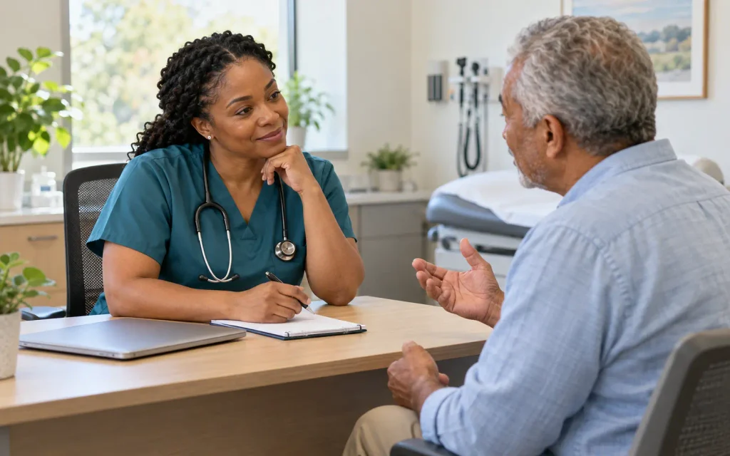 Healthcare provider listening to an older adult patient, illustrating adult primary care for Empowering Your Wellness