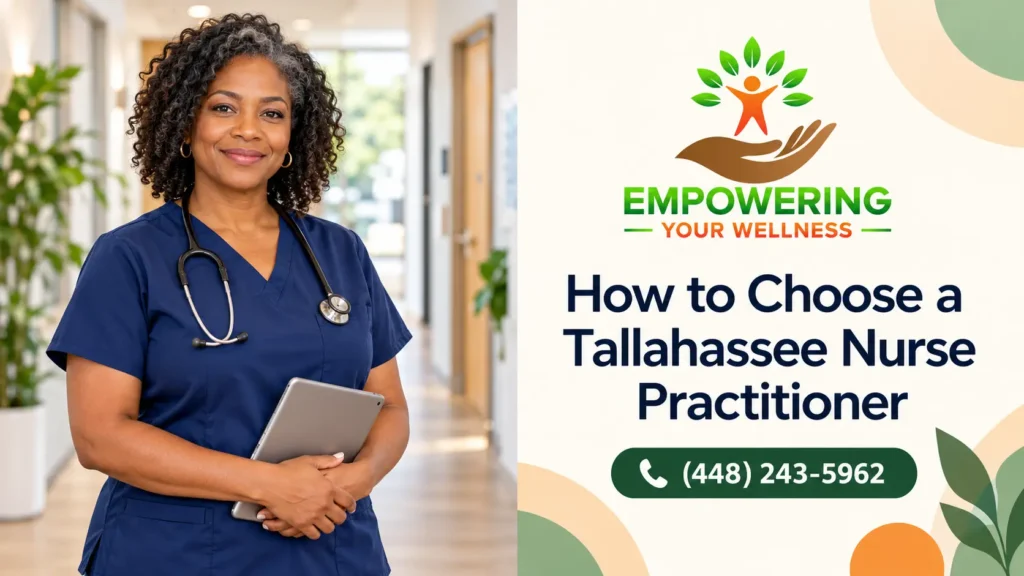 Empowering Your Wellness guide on how to choose a nurse practitioner in Tallahassee, featuring a nurse practitioner holding a tablet.